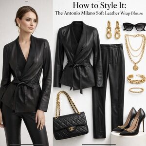 Antonio Melani Black Genuine Leather Wrap Jacket Blazer Belted Soft Luxe Chic LG